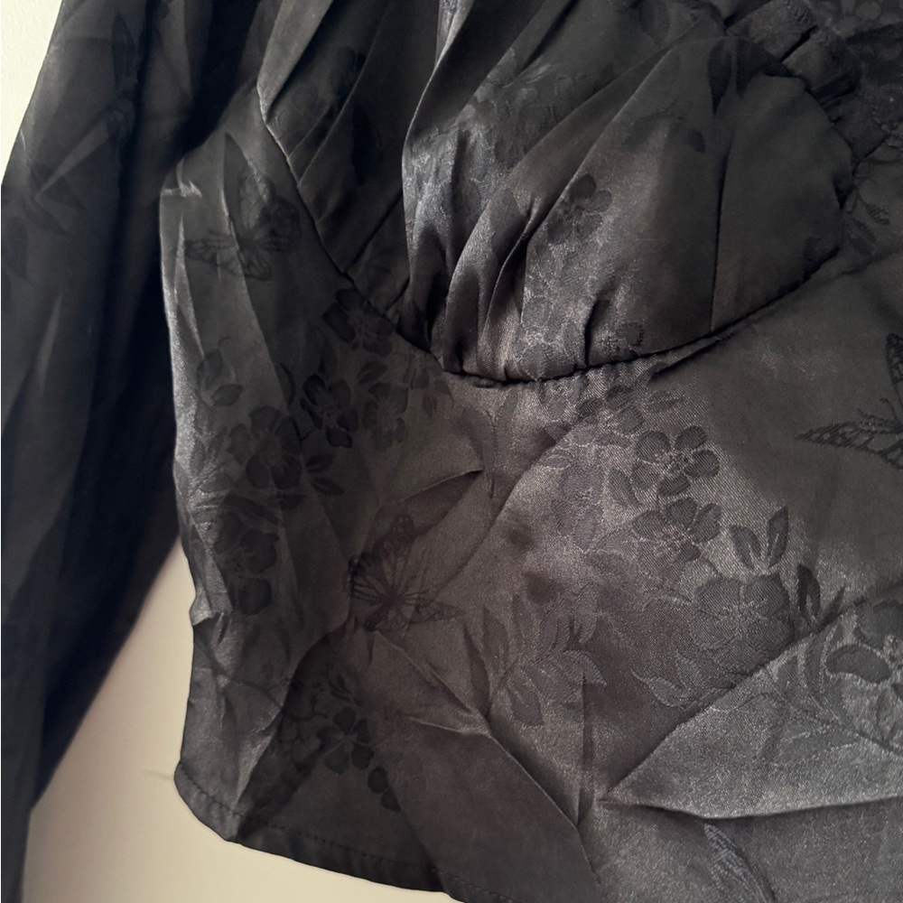 PacSun LA Hearts Black Satin Long Sleeve Bustier Crop Top Flower Butterfly - Picture 4 of 5